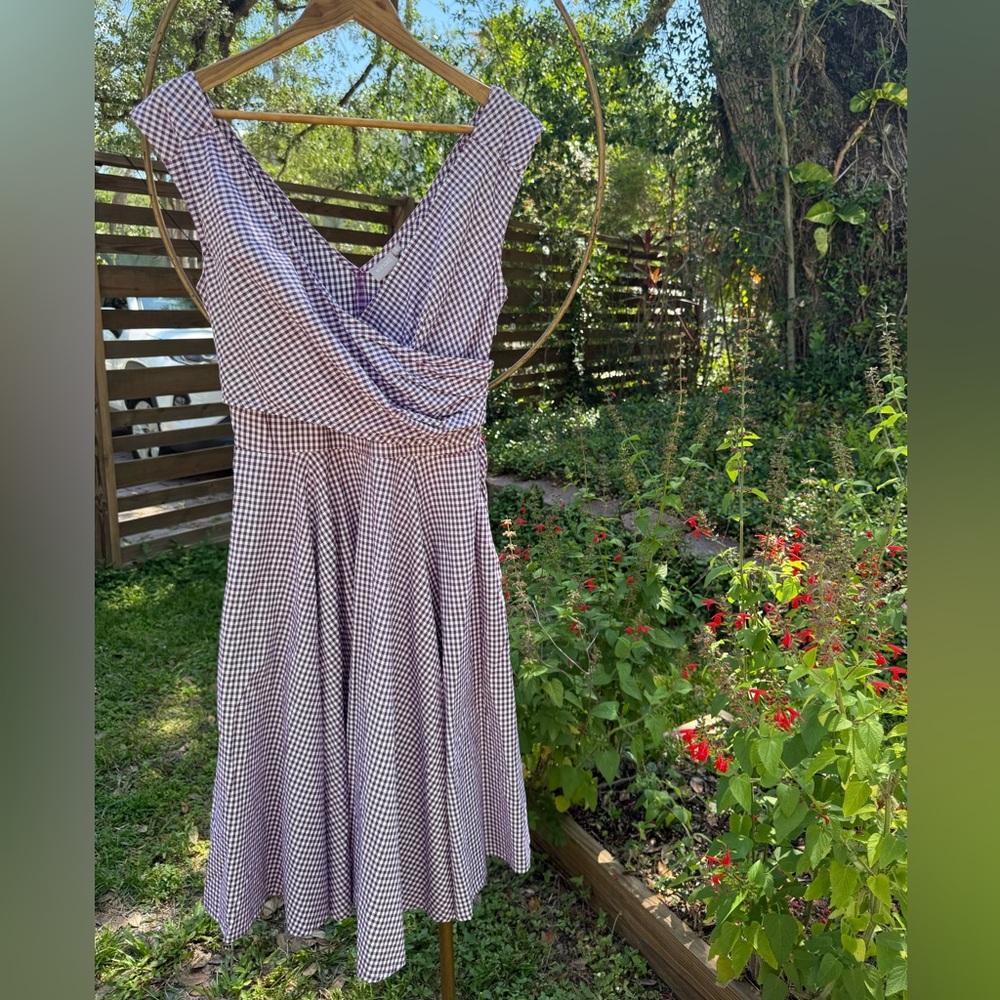 eShakti 100% Cotton Gingham Fit & Flare Midi Dress w/ Pockets – Size 10